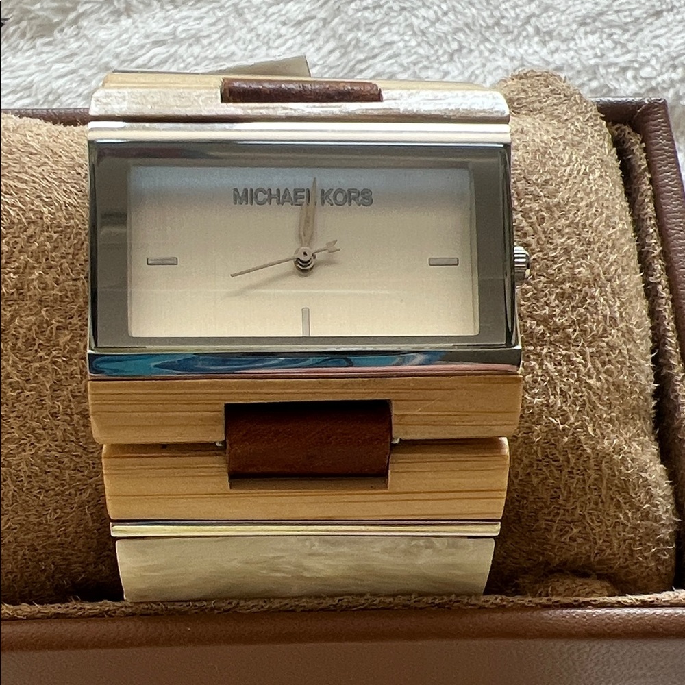 Michael Kors Silver and Brown Rectangular Watch